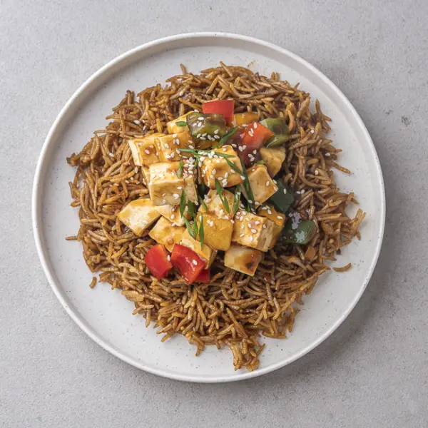 Panner Chilly Semi Gravy With Burnt Garlic Fried Rice